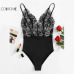 COLROVIE Vintage Lace Cami Bodysuit Mixed Media Women Patchwork Slim Sleeveless Bodysuits Black V Neck Basic Strap Bodysuit