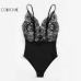 COLROVIE Vintage Lace Cami Bodysuit Mixed Media Women Patchwork Slim Sleeveless Bodysuits Black V Neck Basic Strap Bodysuit