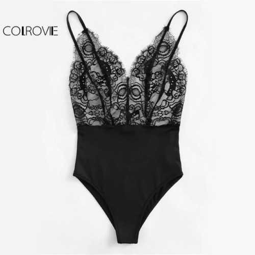 COLROVIE Vintage Lace Cami Bodysuit Mixed Media Women Patchwork Slim Sleeveless Bodysuits Black V Neck Basic Strap Bodysuit