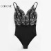 COLROVIE Vintage Lace Cami Bodysuit Mixed Media Women Patchwork Slim Sleeveless Bodysuits Black V Neck Basic Strap Bodysuit