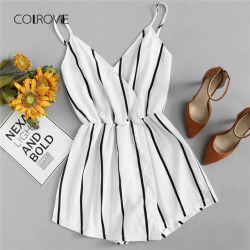 COLROVIE Wrap Casual Vertical Striped Romper Summer V Neck Playsuit Mid Waist Women Rompers Strap Beach Short Jumpsuit