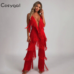 COSYGAL  Fringes Rompers Womens Jumpsuit Tassels Sexy Solid Playsuit White Chic Outfits Fashion Runway Jumpsuits For Women 2018