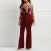 Clocolor Women Jumpsuit Luxury Lace Patchwork Mesh Transparent Off Shoulder Autumn Winter Long Sleeve Wide Legs Sexy Jumpsuit