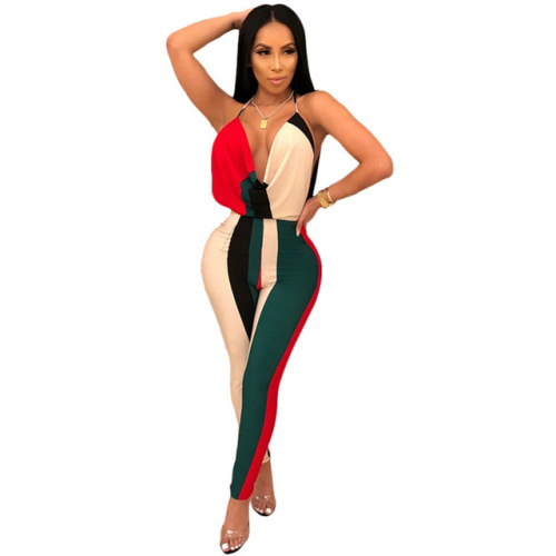 Contrast Striped Multi Jumpsuit Women Sexy Deep V Neck Strappy Backless Lady bodysuit High Waist Rompers New Club Party Overalls