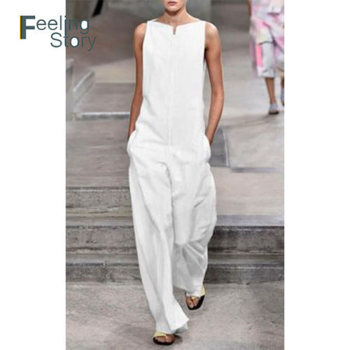 Cotton White Jumpsuit Off Shoulder Full Jumpsuits for Women 2019 Elegants Wide Leg Long Pants Monos Largos Mujer Pantalon Largo