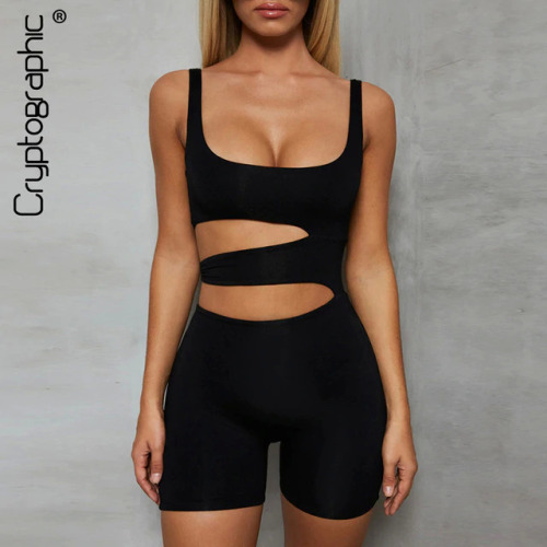 Cryptographic Black Cut-Out Sexy Backless Playsuits Casual Fitness Summer Bodycon Jumpsuit Women Fashion Body Stretchy Shorts