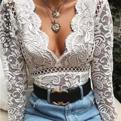 Cryptographic Hot mesh lace bodysuit women body suit hollow out sexy long sleeve jumpsuit romper 2018 deep v bodysuits catsuit