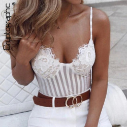 Cryptographic Sexy spaghetti strap mesh lace bodysuit women stripe patchwork jumpsuit transparent 2018 new catsuit body feminino