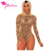 Dear Lover Sexy Rompers 2018 Women Bodycon Clubwear Black Gold Rhinestone Faux Bustier Mesh Long Sleeves Skinny Bodysuit LC32210