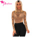 Dear Lover Sexy Rompers 2018 Women Bodycon Clubwear Black Gold Rhinestone Faux Bustier Mesh Long Sleeves Skinny Bodysuit LC32210