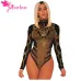 Dear Lover Sexy Rompers 2018 Women Bodycon Clubwear Black Gold Rhinestone Faux Bustier Mesh Long Sleeves Skinny Bodysuit LC32210
