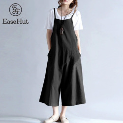 EaseHut 2019 Plus Size Women Cotton Pockets Long Wide Leg Romper Strappy Dungaree Overalls Casual Loose Solid Jumpsuit Trousers