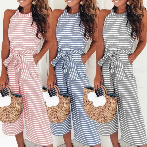 Elegant Sexy Jumpsuits Women Sleeveless Striped Jumpsuit Loose Trousers Wide Leg Pants Rompers Holiday Belted Leotard Overalls