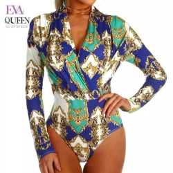 Evaqueen 2018 Sexy V Neck Long Sleeve Bodysuit Fashion Floral Patchwork Print Women Jumpsuit Club Beach Party Romper Playsuits