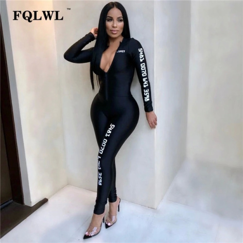 FQLWL Long Sleeve Black Bodycon Female Jumpsuit For Women Playsuit Letter Print Zipper Skinny Rompers Womens Jumpsuit Overalls