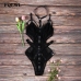 FQLWL Transparent Bodycon Mesh Bodysuit Sexy Halter Neck Black Top Femme Backless Bandage Rompers Womens Jumpsuit Summer Overall