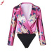 Fashion Flower Bodysuits Romper Women Deep V Neck  Floral Print jumpsuit Casual Long Sleeve Wrap Over Satin combinaison femme