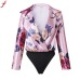 Fashion Flower Bodysuits Romper Women Deep V Neck  Floral Print jumpsuit Casual Long Sleeve Wrap Over Satin combinaison femme