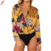 Fashion Flower Bodysuits Romper Women Deep V Neck  Floral Print jumpsuit Casual Long Sleeve Wrap Over Satin combinaison femme