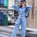 Fashion Streetwear Style Denim Overalls Women 2018 Autumn Long Sleeve Bodysuit High Waist Jeans Bodycon Romper Wide Leg Jumpsuit