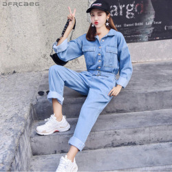 Fashion Streetwear Style Denim Overalls Women 2018 Autumn Long Sleeve Bodysuit High Waist Jeans Bodycon Romper Wide Leg Jumpsuit