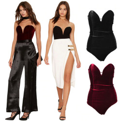 Fashion Women Velvet Sexy V Neck Bodysuit Padded Chest Bandage Plus Size Jumpsuits Female Criss Cross Strap Combinaison Femme