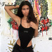 Fitshinling Cotton high cut summer bodysuits good quality letter print spaghetti strap black bodysuit women 2019 body jumpsuits