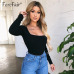 Forefair Women Body Top Skinny Sexy Bodysuit Autumn Winter 2018 Ladies Black Red White Slim Square Collar Long Sleeve Bodysuit