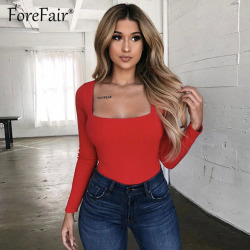 Forefair Women Body Top Skinny Sexy Bodysuit Autumn Winter 2018 Ladies Black Red White Slim Square Collar Long Sleeve Bodysuit