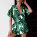 Free Ostrich Sexy Rompers Women Jumpsuit Playsuit Summer Leaves Printing Short Sleeve V Neck Short Overalls Female Clothes D1235