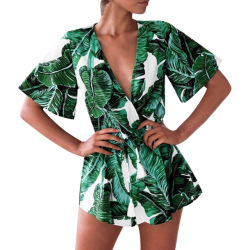 Free Ostrich Sexy Rompers Women Jumpsuit Playsuit Summer Leaves Printing Short Sleeve V Neck Short Overalls Female Clothes D1235