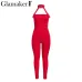 Glamaker Belt halter black bodycon jumpsuit summer hollow out red backless women jumpsuit overalls Female sexy romper playsuit