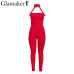 Glamaker Belt halter black bodycon jumpsuit summer hollow out red backless women jumpsuit overalls Female sexy romper playsuit