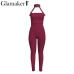 Glamaker Belt halter black bodycon jumpsuit summer hollow out red backless women jumpsuit overalls Female sexy romper playsuit