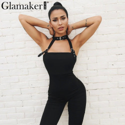 Glamaker Belt halter black bodycon jumpsuit summer hollow out red backless women jumpsuit overalls Female sexy romper playsuit