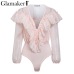 Glamaker Deep v neck transparent mesh ruffle bodysuit Women chiffon long sleeve bodysuit loose overall Sexy female spring romper