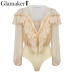 Glamaker Ruffle chiffon mesh long sleeve bodysuit Women transparent  v neck bodysuit blouse Sexy summer bodycon female bodysuit