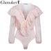 Glamaker Ruffle chiffon mesh long sleeve bodysuit Women transparent  v neck bodysuit blouse Sexy summer bodycon female bodysuit