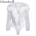 Glamaker Ruffle chiffon mesh long sleeve bodysuit Women transparent  v neck bodysuit blouse Sexy summer bodycon female bodysuit