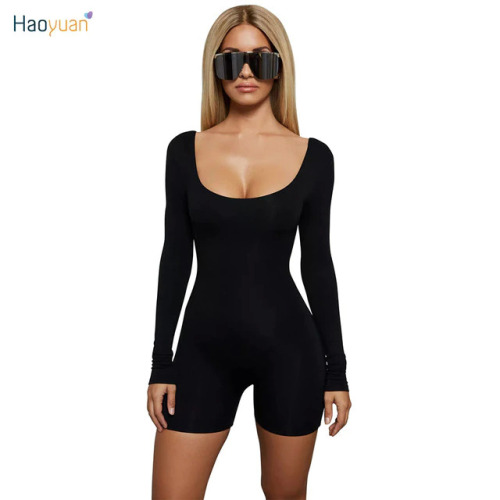 HAOYUAN Sexy Bodycon Bodysuit Long Sleeve Playsuit Streetwear Black White Ladies One Piece Short Rompers Jumpsuit Women Overalls