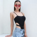 HEYounGIRL High Waist Bodycon Sexy Women Bodysuit Black Spaghetti Strap Bodysuit with Plastic Buckle Short Rompers Jumpsuit Club