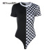 HEYounnGIRL Checkered Short Sleeve Womens Bodysuit Patchwork Black Checkerboard Femme Bodysuits Skinny Plaid Fashion Body Suits