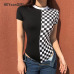 HEYounnGIRL Checkered Short Sleeve Womens Bodysuit Patchwork Black Checkerboard Femme Bodysuits Skinny Plaid Fashion Body Suits