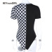 HEYounnGIRL Checkered Short Sleeve Womens Bodysuit Patchwork Black Checkerboard Femme Bodysuits Skinny Plaid Fashion Body Suits