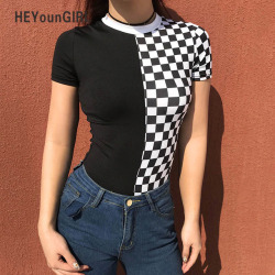 HEYounnGIRL Checkered Short Sleeve Womens Bodysuit Patchwork Black Checkerboard Femme Bodysuits Skinny Plaid Fashion Body Suits