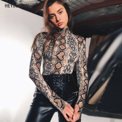 HeyounGIRL Winter Autumn Women Bodysuit Sexy Turtleneck Body Suits Long Sleeve Skinny Print Snake Casual Print Bodycon Playsuit