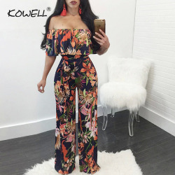 Hot Sale Bohemian Palm Print Lace Up Jumpsuits&Rompers Off Shoulder Plus Size Women Jumpsuit Summer Beach Sexy Jumpsuit Overalls