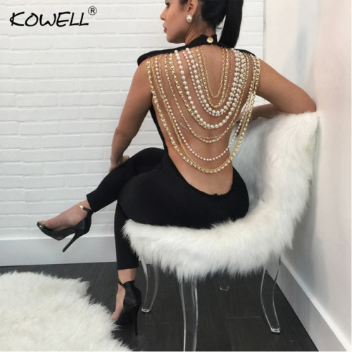 Hot Sale Pearl Chain Sexy Backless Jumpsuit Women Sleeveless Skinny Bodycon Rompers Women Party Overalls Casual Tassel Playsuits