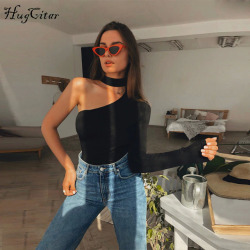 Hugcitar cotton halter one-shoulder sexy bodysuit women new fashion winter spring solid bodycon casual body