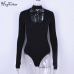 Hugcitar long sleeve V-neck bandage bodycon sexy bodysuit 2017 women black solid hollow out casual fashion lace up body